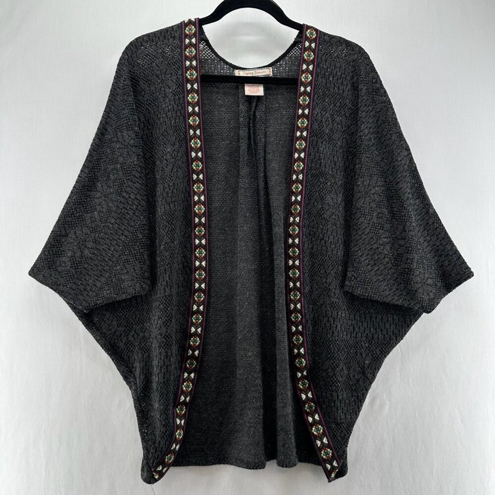 Flying Tomato Kimono Crochet Duster Cardigan Sz S/M Open Front Batwing Boho Gray